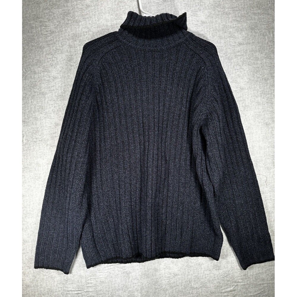 Ravi Bajaj Cable Knit Turtle Neck Sweater Navy Blue Black Trim Men’s Size XL